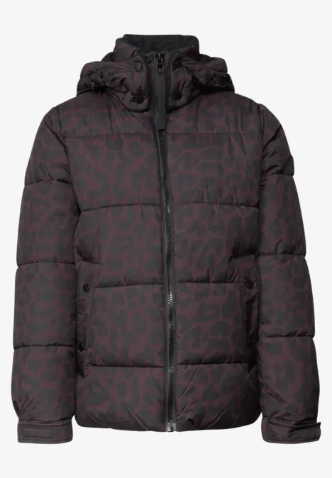 Schwarze gesteppte Kapuzenjacke mit rotem Leopardenmuster.