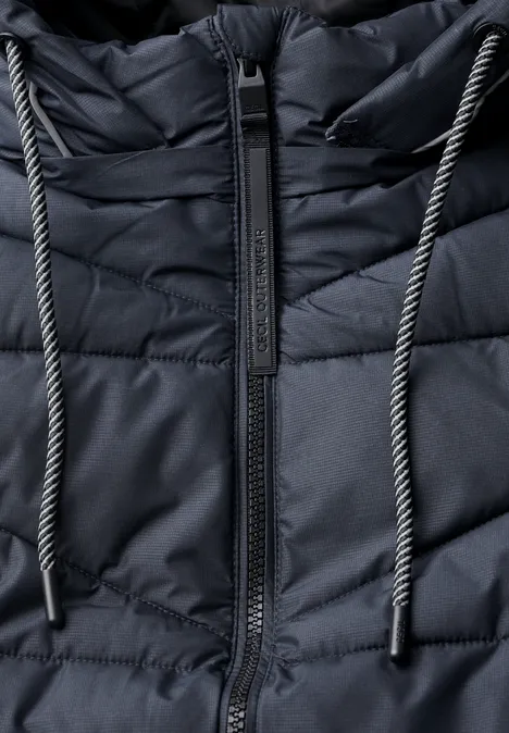 Steppjacke mit Kapuze und Zipper dark navy blue Schwarze gesteppte Kapuzenjacke aus Nylon mit Reißverschluss und kontrastierenden Kordelzügen