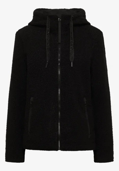 Schwarze, flauschige Kapuzenjacke mit Reißverschluss und Kordelzug
