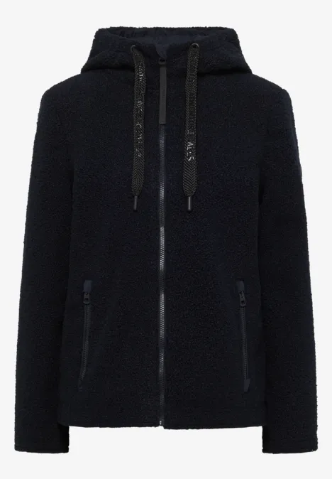 Veste polaire noire à capuche, fermeture zippée et poches latérales.