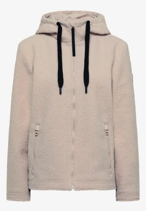 Beiger Sherpa-Fleece-Hoodie mit Kapuze und schwarzen Kordeln, seitliche Reißverschlusstaschen.