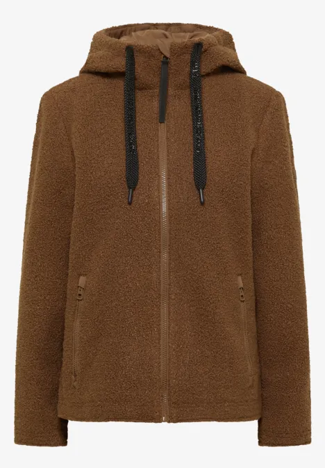 Braune Teddy-Fleecejacke mit Kapuze, Reißverschluss und Taschen.