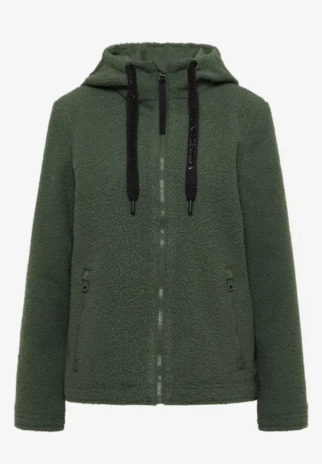 Veste polaire vert foncé à capuche, fermeture éclair et cordons noirs