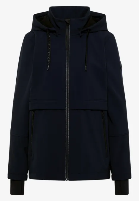 Dunkelblaue Kapuzenjacke mit durchgehendem Reißverschluss, praktischen Taschen und Rippbündchen.