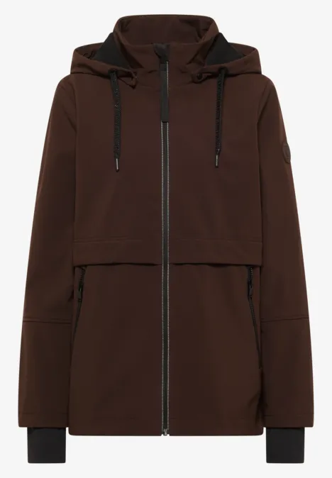 Veste softshell marron à capuche, zip, poches latérales et poignets élastiques