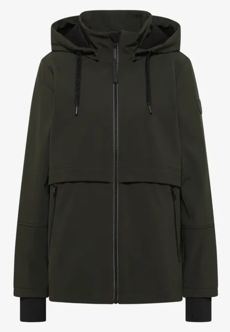 Softshell Jacke mit abnehmbarer Kapuze olive night Dunkelgrüne Softshell-Jacke mit Kapuze und Reißverschluss.
