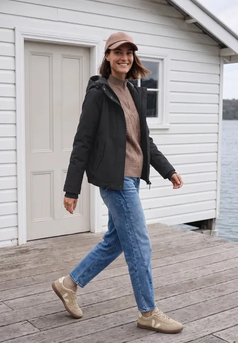 Vrouw met zwarte jas, beige pet, bruine trui en spijkerbroek op een houten steiger bij het water.