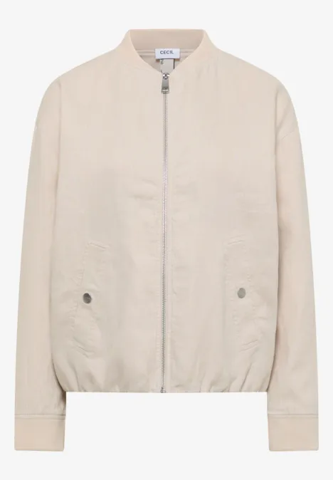Lichtbeige bomberjack met ritssluiting, rechte mouwen, twee steekzakken en elastische taille.