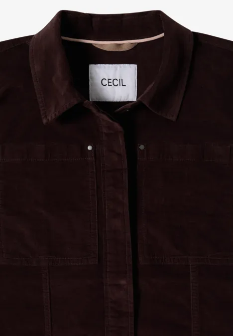 Dunkelbraune Cordjacke mit Hemdkragen und CECIL-Label, weicher, leicht strukturierter Stoff.