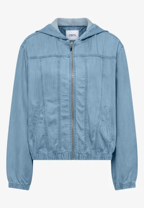 Lichtblauw spijkerjack met capuchon, rits over de volle lengte en elastische taille- en mouwboorden.