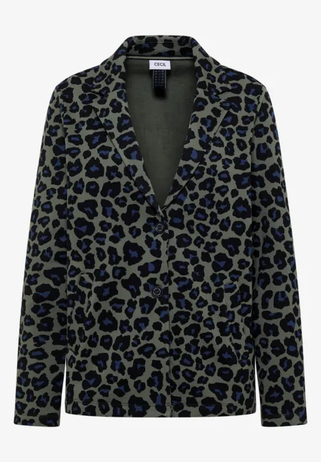 Groene blazer met donkerblauw luipaardprint en reverskraag.
