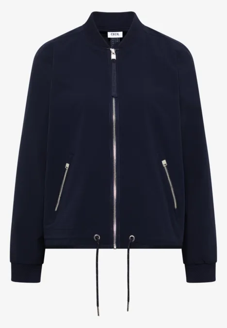 Dunkelblaue Bomberjacke mit mittigem Reißverschluss, Reißverschlusstaschen und Kordelzug am Saum