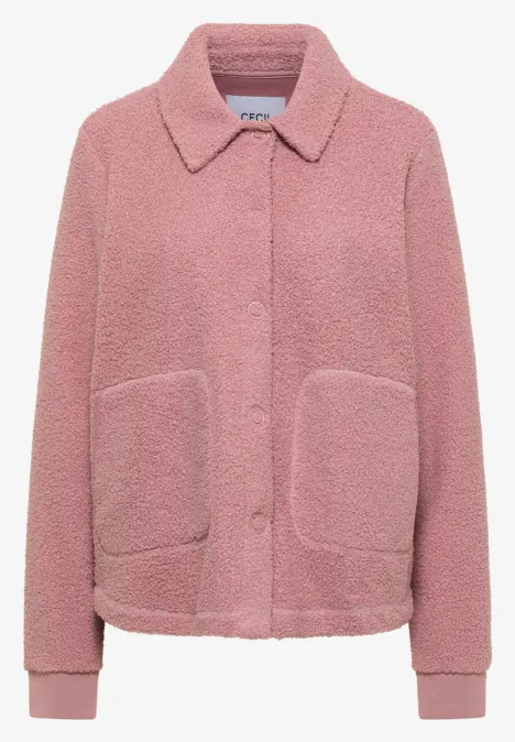 Rosa Teddy-Fleecejacke mit Knopfleiste, Hemdkragen und aufgesetzten Taschen