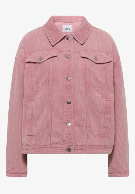 Veste trucker en denim rose, col classique, boutons-pression et poches poitrine.