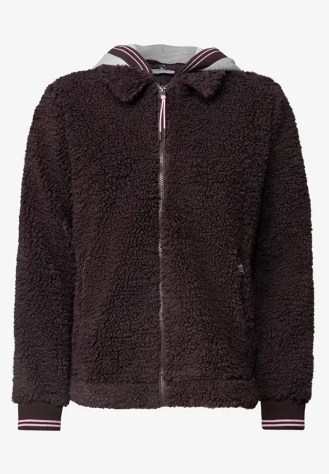 Teddy-Overshirt mit Scuba-Kapuze berry red Dunkelbraune Teddy-Fleece-Jacke mit Kapuze und Reißverschluss, gestreifte Bündchen.