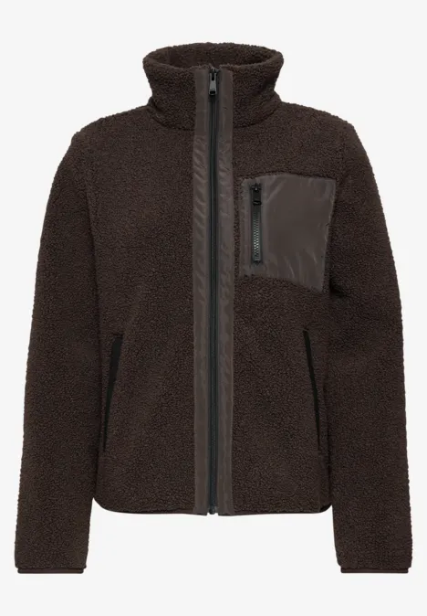 Braune Teddy-Fleecejacke mit Stehkragen, durchgehendem Reißverschluss und Brusttasche