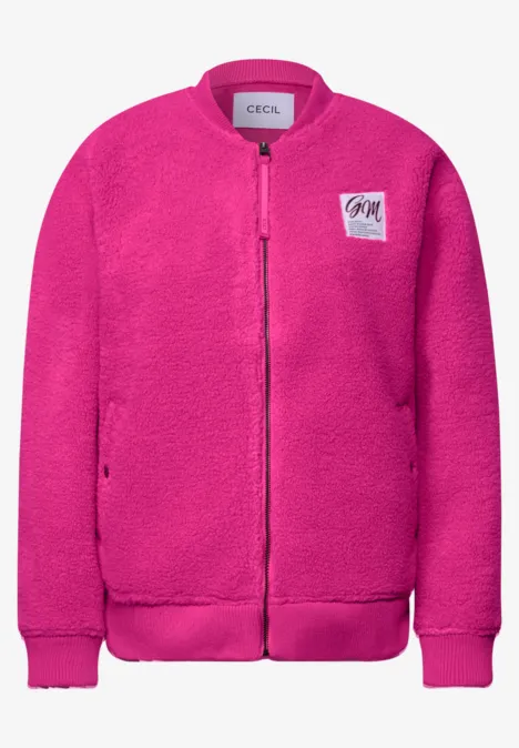 Warme pinke Teddy-Fleece-Bomberjacke mit Reißverschluss und Seitentaschen.