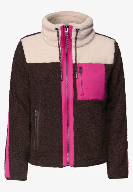 Teddy-Jacke mit Softshelldetails truffle brown Flauschige Fleecejacke in Braun, Weiß und Pink mit Reißverschluss und Brusttasche.
