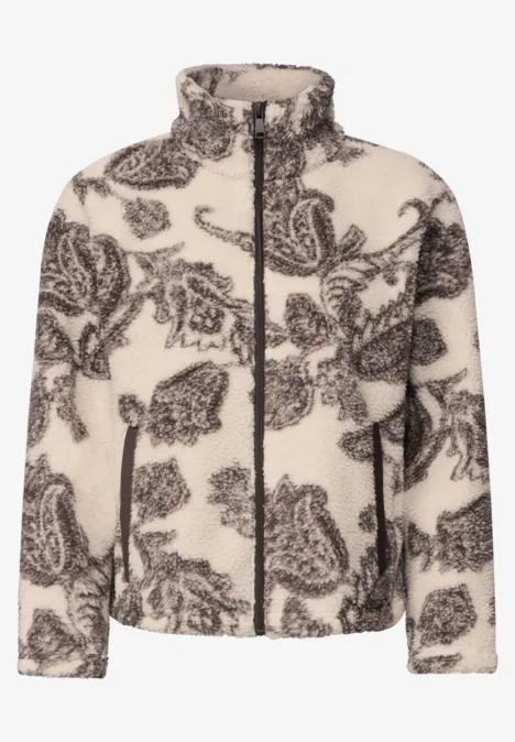 Teddyjasje met opstaande kraag en patroon teddy vanilla white Beige teddyfleece jack met rits en bruin paisley-ornament.