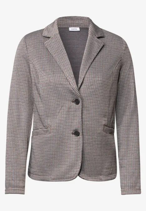 Damenblazer mit dezentem Karomuster, Zweiknopf-Verschluss und aufgesetzten Taschen.