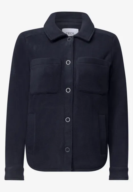 Schwarze Fleece-Hemdenjacke mit Knopfleiste und Brusttaschen.