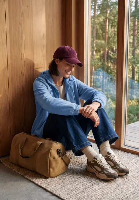 Junge Person sitzt in Jeans und Cap neben ihrer Reisetasche an einer Holzveranda, Waldblick draußen.