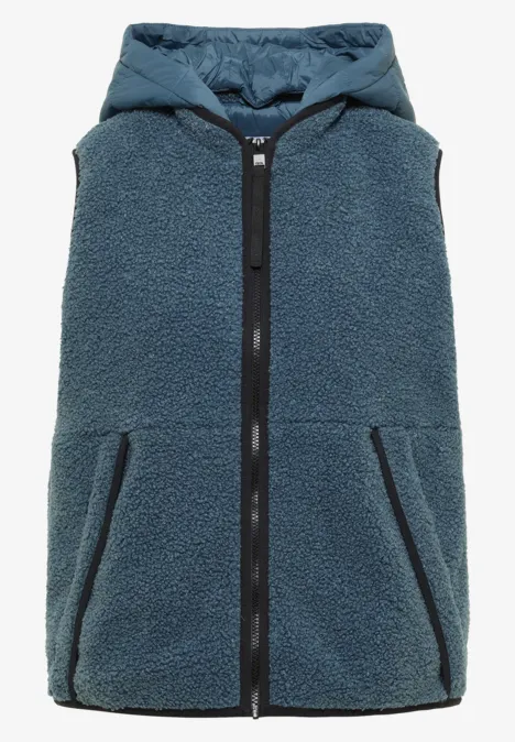 Ärmellose Teddyfleece-Weste in Blau mit Kapuze und durchgehendem Reißverschluss