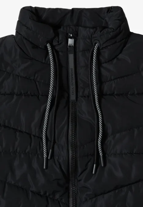 Lange Steppweste mit Stehkragen Black Schwarze gesteppte Winterjacke mit Kapuze und Kordelzug