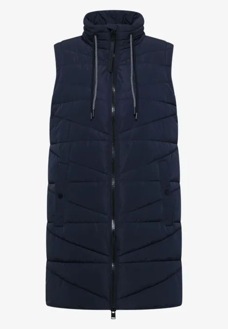 Lange Steppweste mit Stehkragen dark navy blue Ärmellose, lang geschnittene Steppweste in Dunkelblau mit Kapuze, Reißverschluss und Taschen.