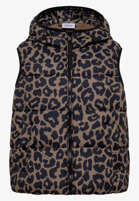 Steppweste mit Kapuze und Taschen creamy mocha Gefütterte, ärmellose Kapuzenweste mit Leopardenmuster, Reißverschluss und lockerer Passform.