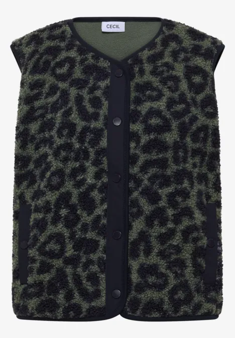 Teddy-Weste mit Softshelldetails und Leo-Muster dried olive green Grüner, flauschiger Cardigan mit schwarzem Leopardenmuster und Knopfleiste.