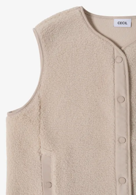 Veste sans manches en polaire teddy beige, fermeture boutonnée intégrale