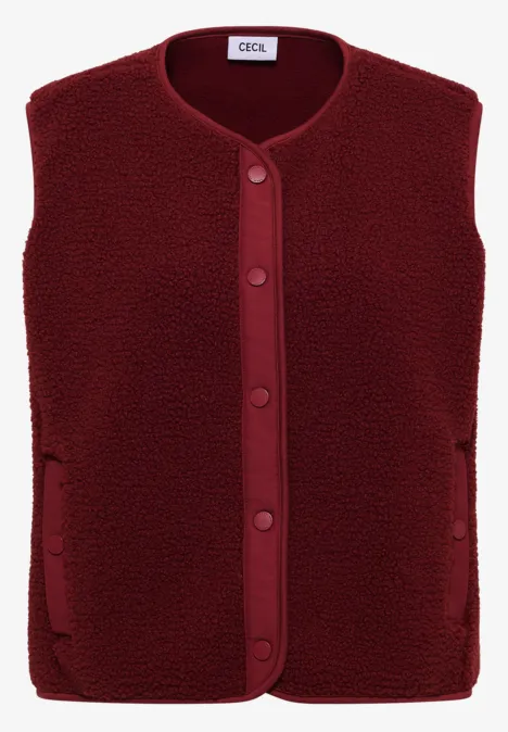Ärmellose, dunkelrote Teddy-Fleece-Weste mit Knöpfen und seitlichen Taschen.