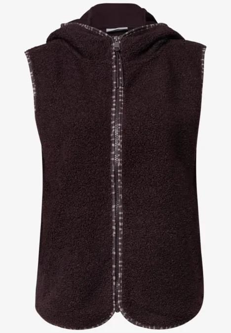 Dunkelbraune, ärmellose Teddy-Fleece-Weste mit Kapuze und durchgehendem Reißverschluss.