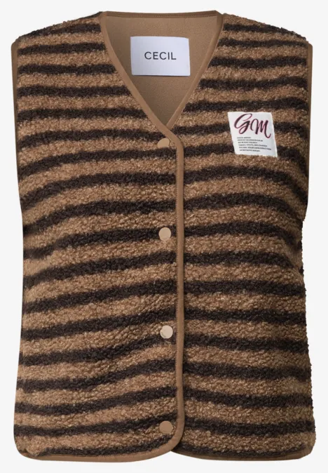 Braune, schwarz gestreifte Fleece-Weste ohne Ärmel mit Knopfleiste und CECIL-Logo.