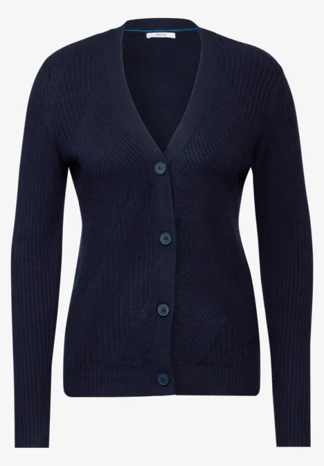 Dunkelblaue Strickjacke mit V-Ausschnitt und Knopfleiste.