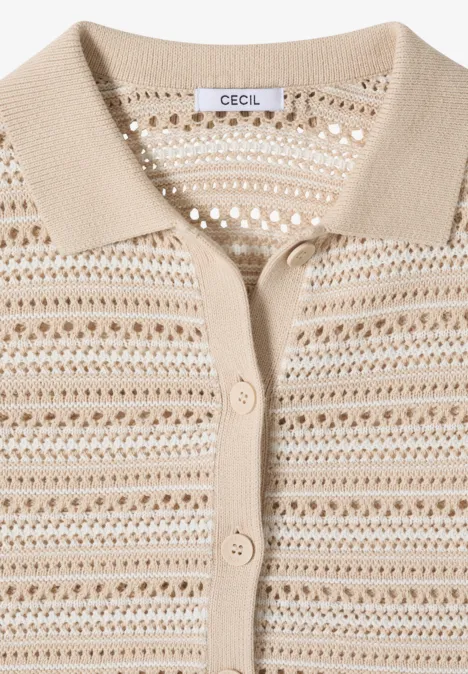 Beige gehäkeltes Damen-Poloshirt mit Kragen und Knöpfen