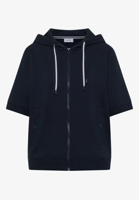 Sweaterjack met korte mouwen en capuchon universal blue Donkerblauwe korte mouw hoodie met rits voor en koordsluiting.