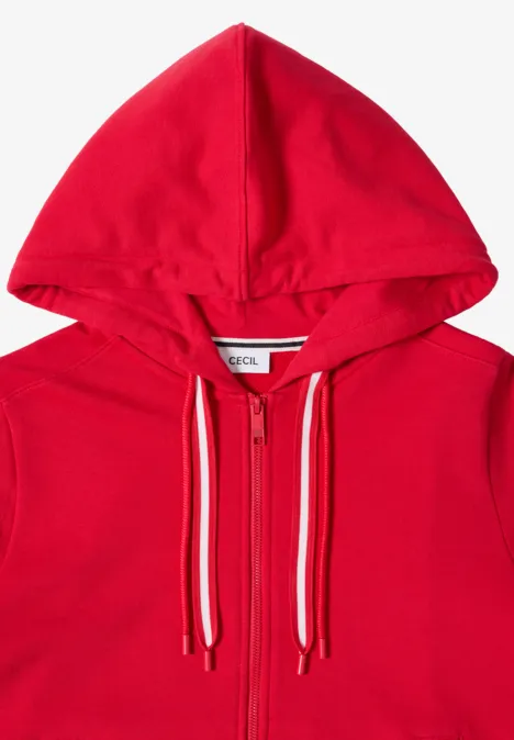 Sweaterjack met korte mouwen en capuchon glazed apple red Rode capuchontrui met rits en witte trekkoorden