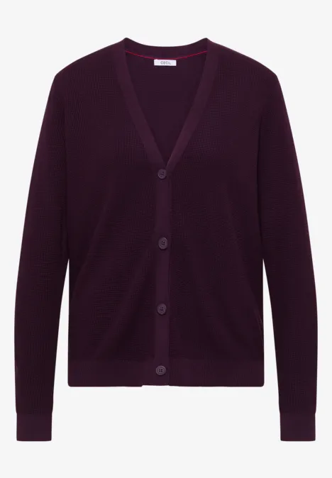 Cardigan violet foncé en maille, col en V et boutonnage.