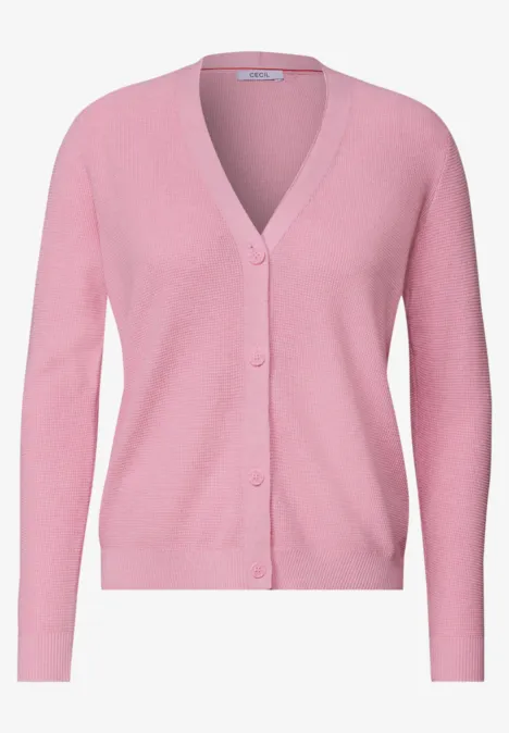 Hellrosa Damen-Strickjacke mit V-Ausschnitt und Knopfleiste.