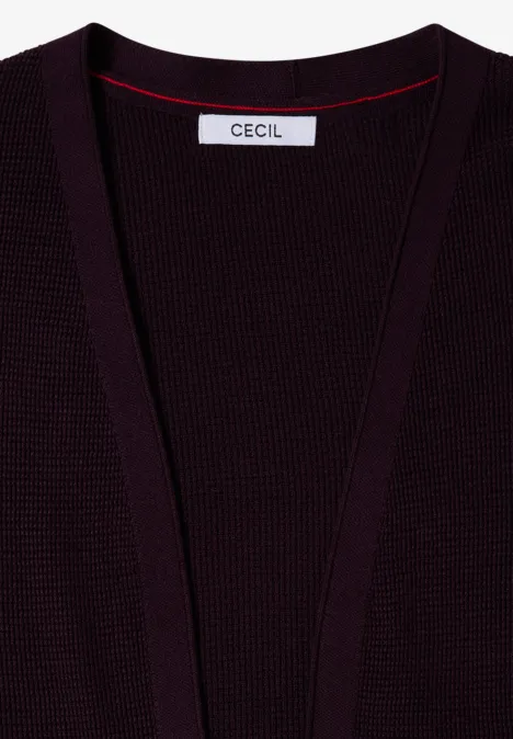Cardigan en maille violet foncé avec bords côtelés, ouverture avant et étiquette CECIL au col.