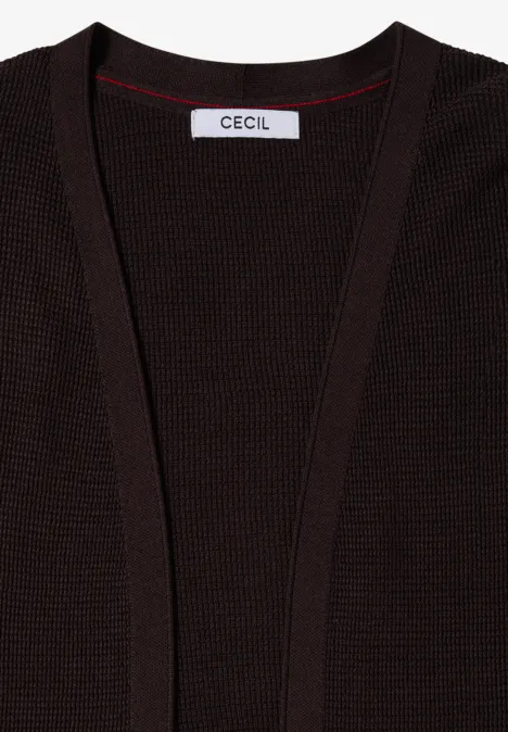 Cardigan en maille brun foncé, ouvert, avec étiquette CECIL, style épuré.