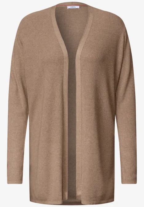 Beige Strickjacke mit offenem Schnitt und langen Ärmeln.