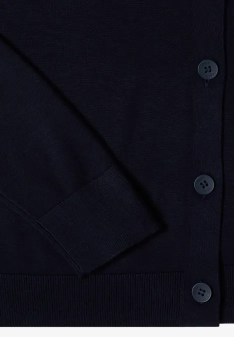 Donkerblauwe cardigan met knoopsluiting, lange mouwen en gladde gebreide stof.
