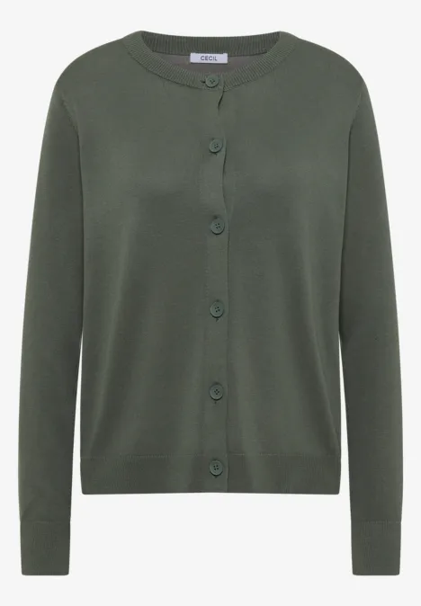 Grüner, langärmliger Cardigan mit Rundhalsausschnitt und Knopfleiste vorne.