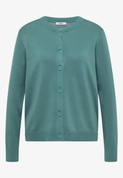 Schlichter smaragdgrüner Damen-Cardigan mit Rundhalsausschnitt und Knopfleiste.