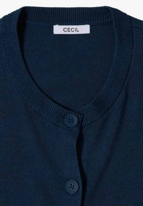 Cardigan à col rond et patte de boutonnage moonlight blue Dunkelblauer Damen-Cardigan mit Rundhalsausschnitt, zwei Knöpfen und CECIL-Label.