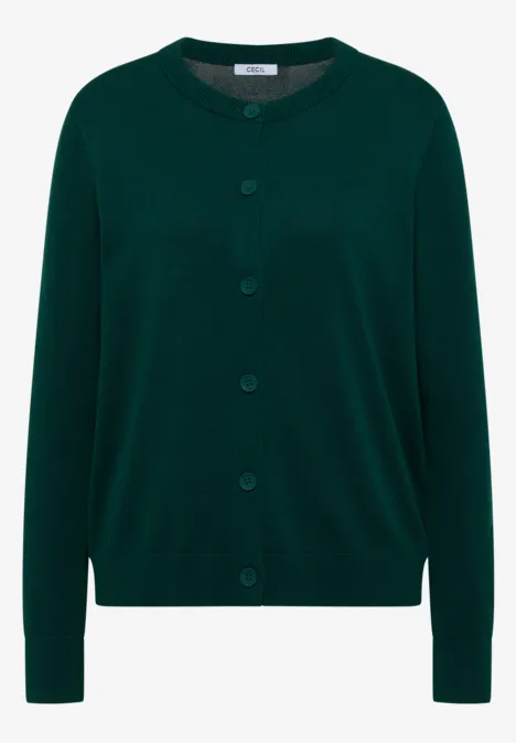 Cardigan boutonné à col rond dark fir green Cardigan en maille vert foncé, boutonné, col rond.