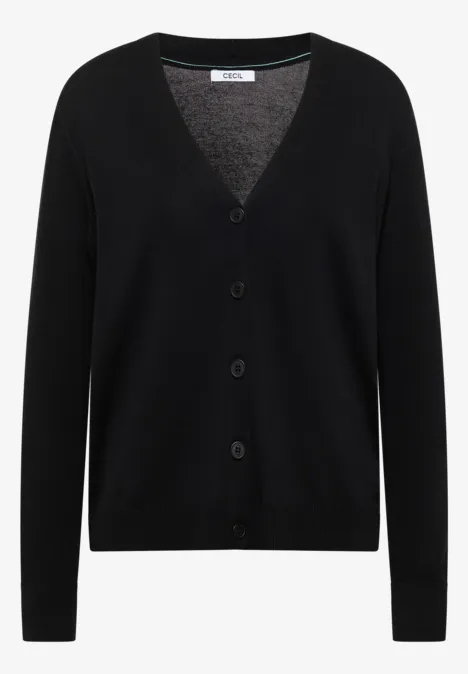 Effen zwarte gebreide cardigan met V-hals, lange mouwen en knoopsluiting.